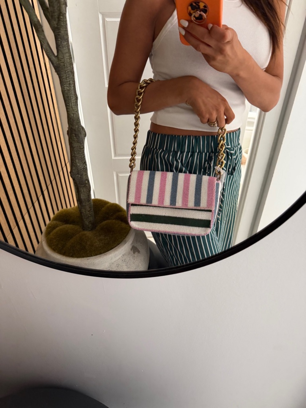 Viral Famous Beaded Stripe Shoulder Bag in Pink, White & Dark Green - Picture 13 of 15